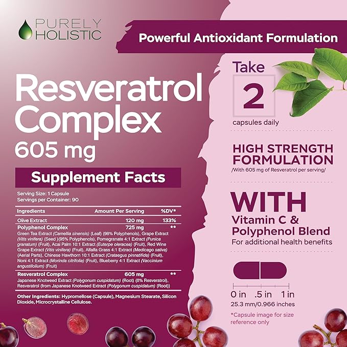 Purely Holistic Resveratrol 1450mg, 90 Servings, Trans-Resveratrol Antioxidant Supplement with Vitamin C and Polyphenol Complex, 180 Vegan Capsules