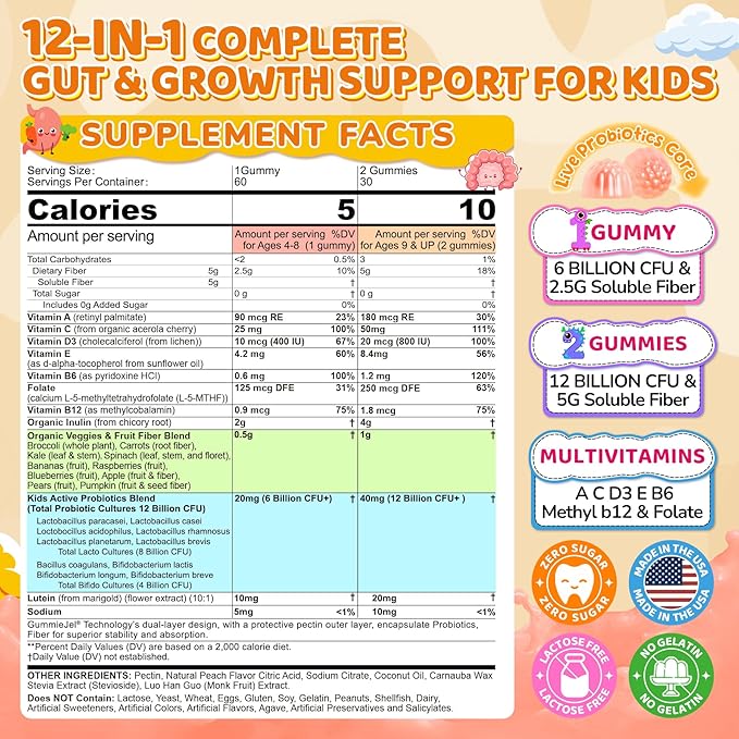 2Pack Kids Probiotic + Prebiotic Fiber Gummies 5G, 12 Billion CFU Probiotic & Veggie Fruit Fiber, w/ Organic Inulin, Methyl B12 B6 D3 C, Lutein for Children's Digestive & Gut, Immune Health,Sugar Free