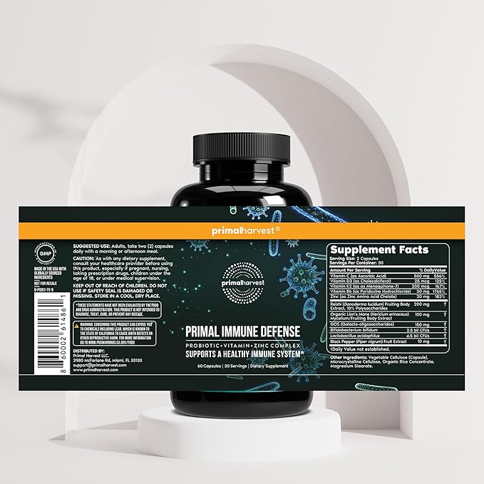 Primal Harvest Immune Defense 10-in-1 Supplement with Probiotics, Zinc, and Vitamins C, D3, K2, B6 Daily Immune Support for Adults