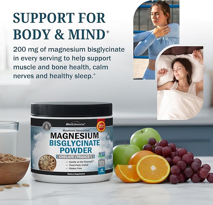 Magnesium Bisglycinate Powder Chelated Supplement - High Absorption Magnesium Glycinate Powder Supplement for Women and Men - Sleep, Muscle, Bone & Joint Support - Non-GMO Chelate - 237g, 60 Servings