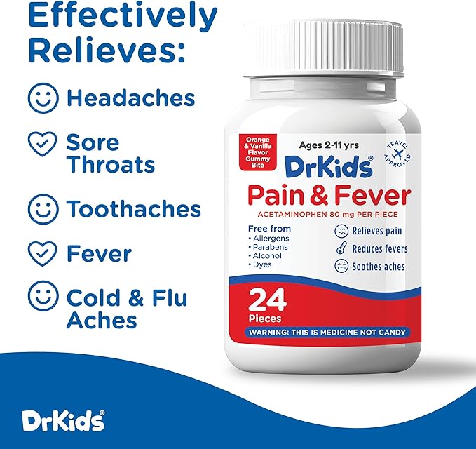 Dr. Kids Children’s Pain and Fever Gummy Bite - Chewable Acetaminophen for Kids Ages 2-11, Pre-Measured Soft Chews for Headache, Sore Throat, Cold and Flu, Orange Vanilla Flavor, 24 Count