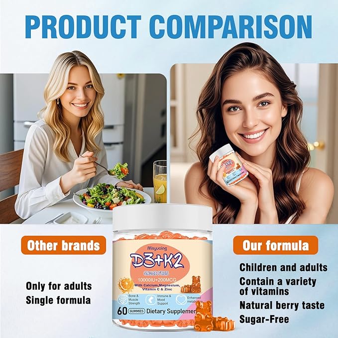 Vitamin D3 K2 Gummies,Vitamin D3 10000 IU with K2 200mcg,VitaminC,Calcium,Magnesium,Zinc,Support for Bones,Joints,Muscles,Nerves,and Immune System (60,Orange,Sugar-Free)