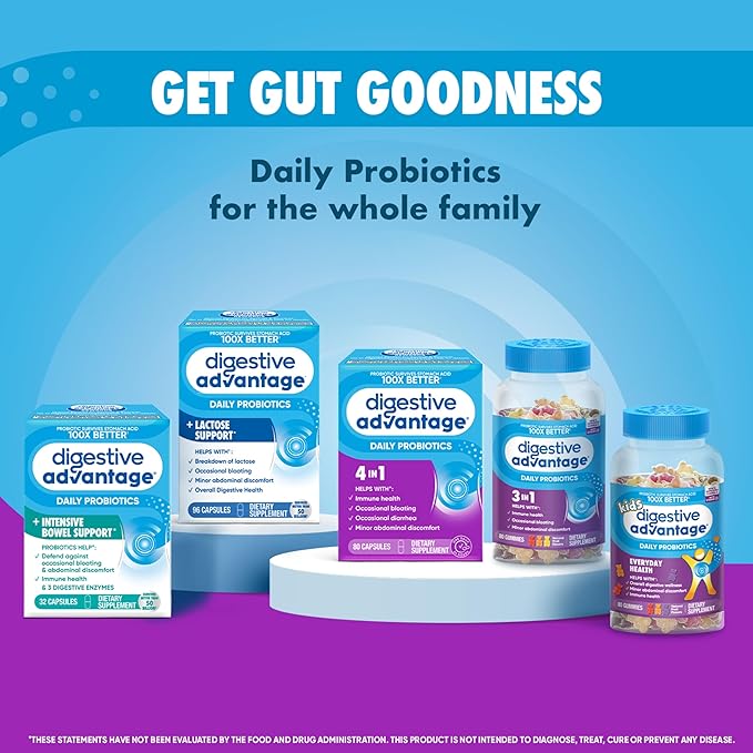 Digestive Advantage Probiotic Gummies For Digestive Health, Vitamin D, Daily Probiotics For Women &Men Occasional Bloating, Minor Abdominal Discomfort & Gut Health, 80ct Natural Fruit Flavors