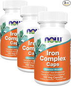 NOW Foods Supplements, Iron Complex Caps, Non-Constipating*, Essential Mineral, 100 Veg Capsules (Pack of 3)