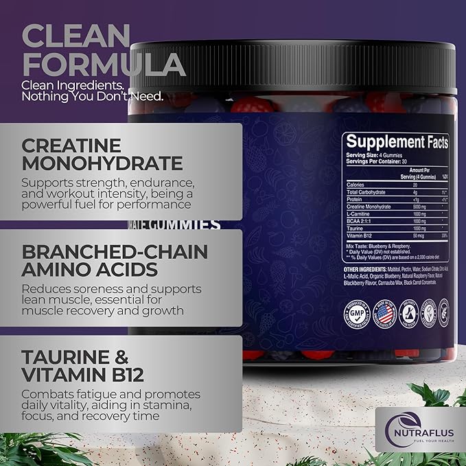 Creatine Monohydrate Gummies – Berry Flavored Creatine Supplements for Women and Men – 120Pcs Pre Workout Gummies with BCAA, Taurine, Vitamin B12 - Promote Energy Boost, Performance