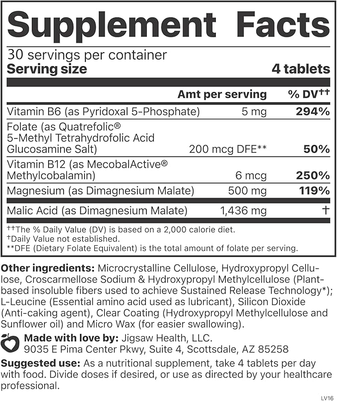 Jigsaw Health MagSRT | Magnesium Supplement with Vitamin B6, Folate & B12 | 120 Tablets | 30 Servings
