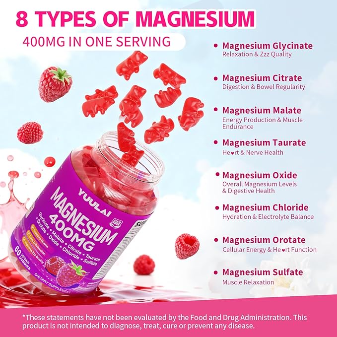 Pack of 2 Magnesium Complex Gummies 400mg, Magnesium Glycinate, Malate, Citrate, Taurate, Oxide & More | w/Ashwagandha Extract, D3 & B12 for Calm, Zzz, Relaxation, Raspberry Flavor, 120 Count