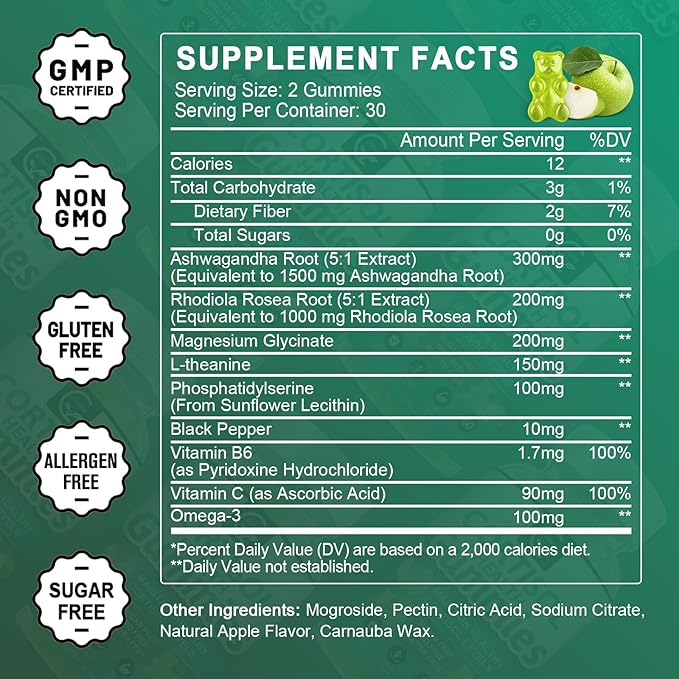 Cortisol Gummies, Cortisol Supplement for Women with Magnesium, Ashwagandha, Rhodiola, Phosphatidylserine, L-Theanine, Black Pepper, Vitamin C & B6 - Relaxation, Focus, Sleep Support - 2 Pack