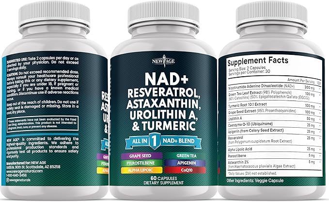 NEW AGE NAD+ Supplement - Astaxanthin, Urolithin A, Resveratrol, CoQ10 & Antioxidant Blend – Cellular Energy, Mitochondrial Support – Vegan, Non-GMO- 60 Count