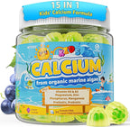 Kids Calcium Gummies + Vitamin D3 (1000IU/2000IU), K2, Magnesium, Phosphorus, Probiotic, Algae Calcium Supplement for Kids 4+ & Teens for Bones & Teeth, Extra Calcium Absorption, Sugar Free, 60 Counts