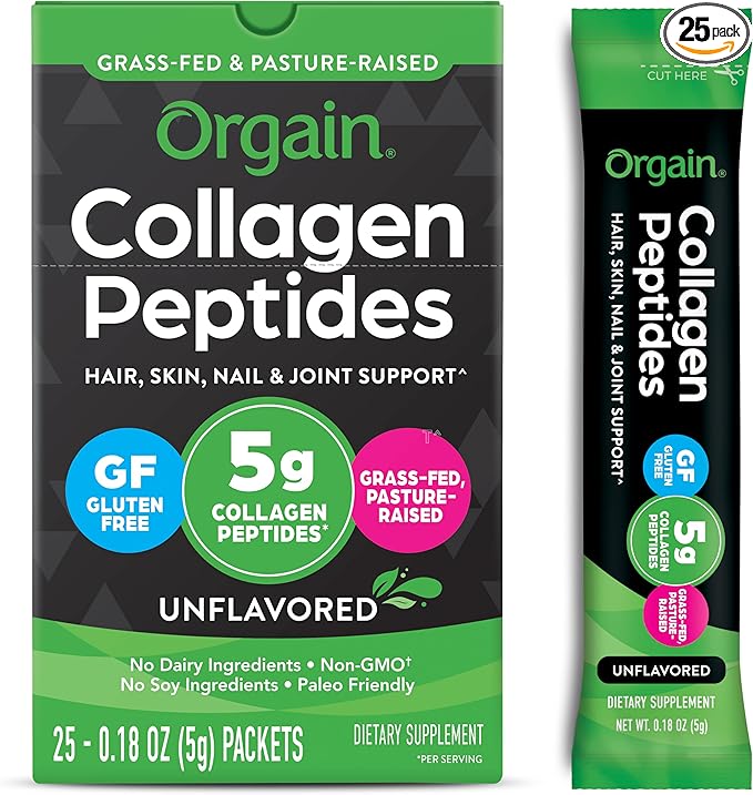 Orgain Hydrolyzed Collagen Peptides Travel Packets For Women & Men - 5g Grass Fed Collagen Per Serving, Hair, Skin, Nail & Joint Support Supplement, Non-GMO, Type I & III - Unflavored (25 Count)