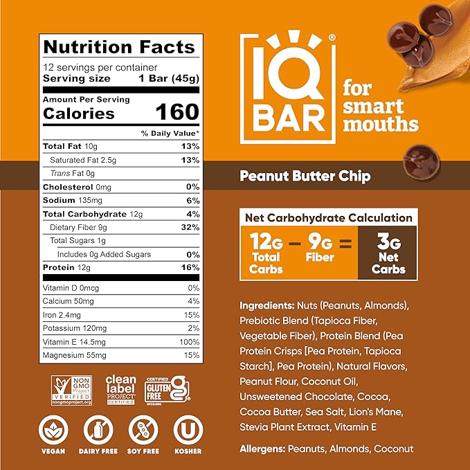 IQBAR Clean Plant Protein Bars - Peanut Butter Chip - 36 Count - Keto, Vegan, High Fiber, Gluten and Dairy Free, Low Sugar Snack - Brain and Body Nutrients for Focus, Energy, Meal Replacement