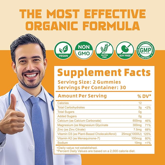 Calcium Magnesium Zinc Gummies with Vitamin D3 & K2 - High Potency Enhanced Absorption -120 Orange Gummies