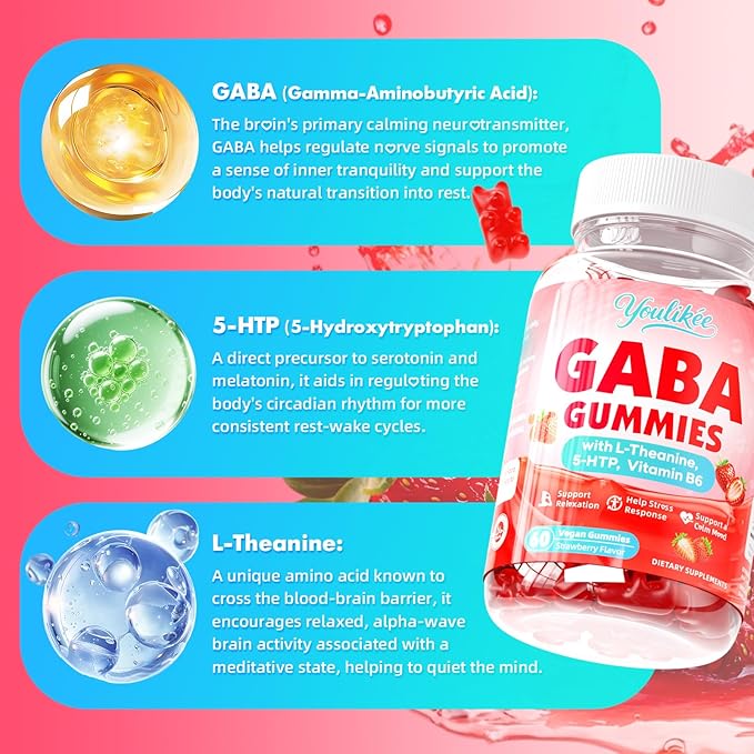 GABA Gummies 500mg with L-Theanine, 5-HTP, Vitamins B6, B12, D3 and Ashwagandha, Melatonin-Free, GABA Supplements for Adult, Sugar-Free, Strawberry Flavor, 60 Count