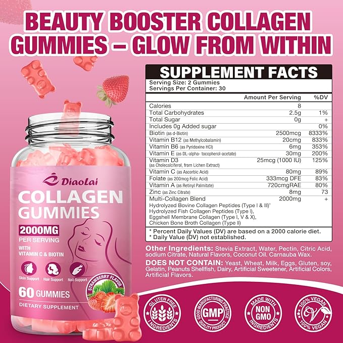 Sugar-Free Multi Collagen Gummies for Women & Men – Types I, II, III, V, X with Biotin, Vitamin C & Zinc for Hair, Skin & Nails | Strawberry Flavor | 120 Gummies