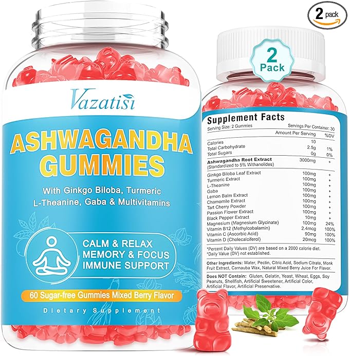 2 Pack Ashwagandha Gummies with Turmeric GABA Mood Energy and Immune Support, Mixed Berry Flavor 120 Cts