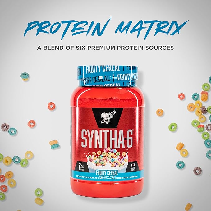 BSN SYNTHA-6 Premium Protein Powder with 6g of Fiber, Whey Isolate, Micellar Casein, Milk Protein Isolate, 5g of Fat, Fruity Cereal, 28 Servings, 2.91 Pound (Packaging May Vary)