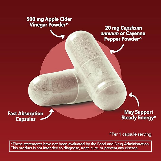 Apple Cider Vinegar Capsules with Cayenne Pepper - Bloating Relief and Appetite Suppressant - 500mg ACV and 20mg Capsicum Annuum Per Serving Unflavored - 60 Count - Vegan, Non-GMO - 2 Month Supply