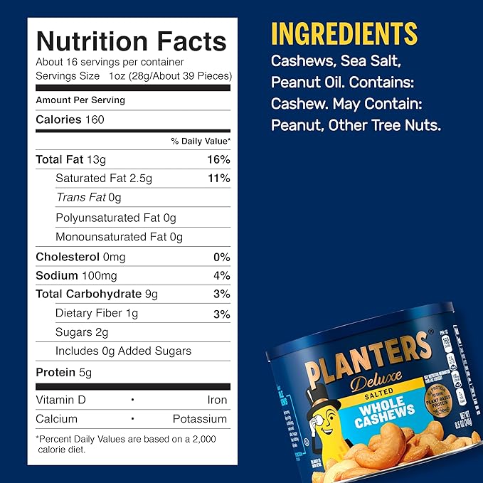 PLANTERS Deluxe Salted Whole Cashews, Party Snacks, Plant-based Protein, 8.5 oz Canister
