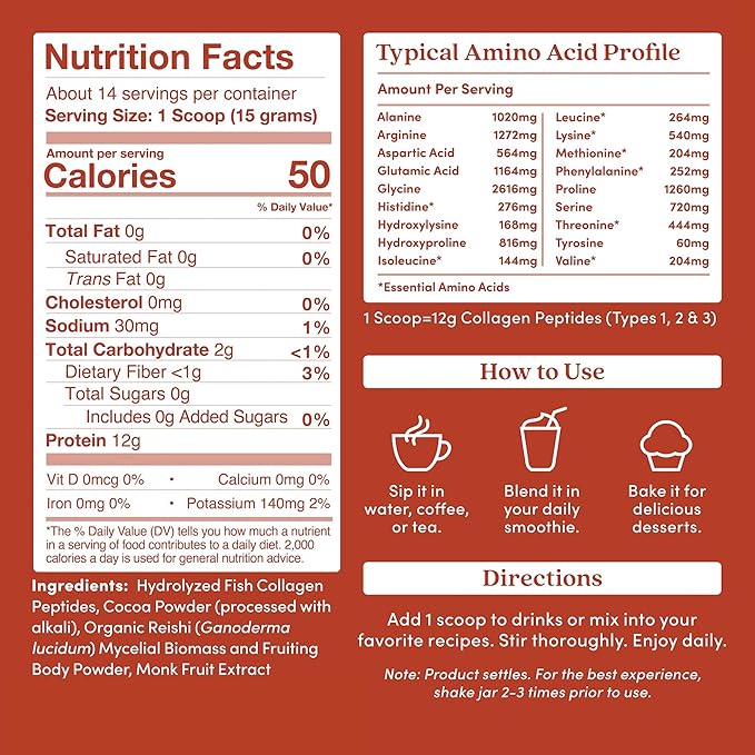 Further Food Chocolate Marine Collagen Peptides Powder with Reishi Mushroom, Wild-Caught Sustainably Sourced Fish, Hydrolyzed Type 1, 2 & 3, 7.41 Oz