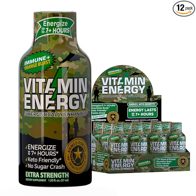Vitamin Energy Immune+ Extra Strength Energy Shot Army Orange 12 Pack, 260mg Natural Caffeine, B-Vitamins, Citicoline, Green Tea, Immunity & Focus Support, Zero Sugar, Gluten-Free 1.93 fl oz