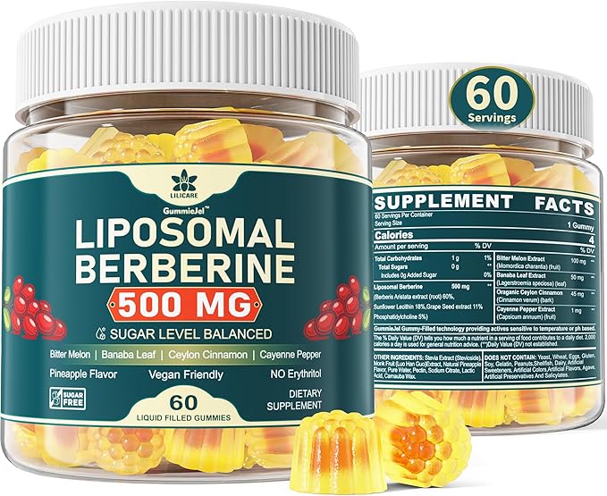 LILICARE Berberine 500mg Supplement, Once Daily, Liposomal Gummies with Ceylon Cinnamon, Bitter Melon, Banaba Leaf for Metabolism Balanced, AMPK Activator, High Absorption, Sugar Free, Vegan, 60 Cts