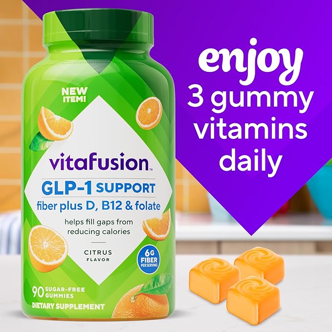 Vitafusion GLP-1 Support Fiber Plus Vitamins D,B12 and Folate Gummy Vitamins,Citrus Flavor,Sugar Free,30 Day Supply,90 Count (Pack of 2)
