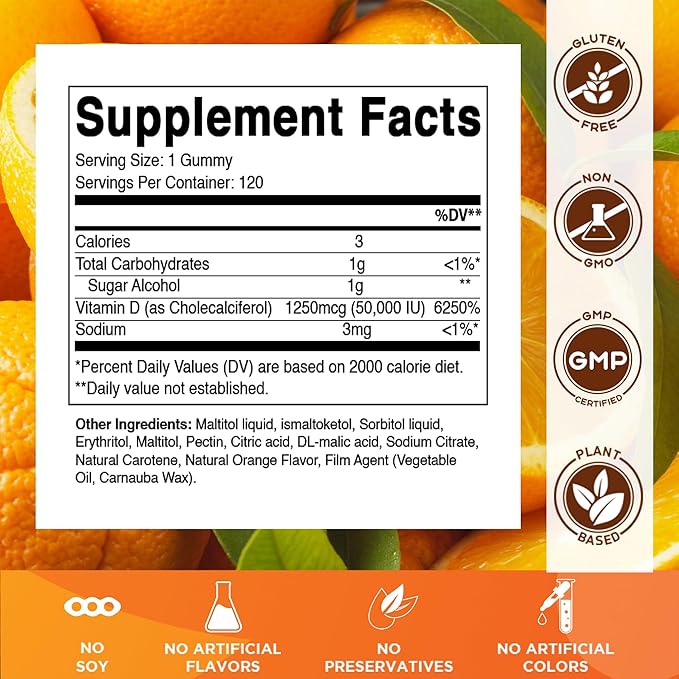 Vitamatic Sugar Free Vitamin D3 50,000 IU Weekly Supplement - 120 Pectin Based Gummies - Vitamin D Capsules for Bones, Teeth, and Immune Support (50000 IU)
