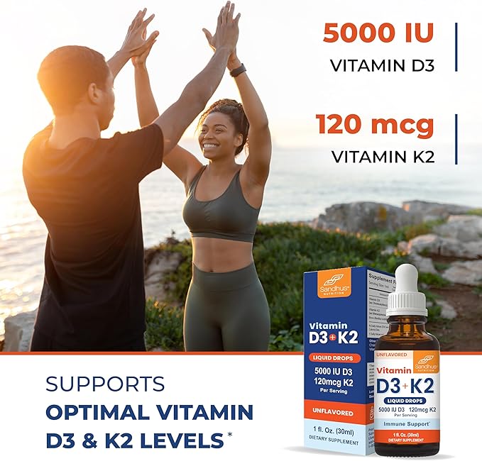 Sandhu's Vitamin D3 K2 Drops for Adults | 5000 IU D3 Liquid, 120mcg K2 Supplement 1 Fl Oz (Pack of 1) | D3K2 Supports Superior Absorption, Energy, Immune, Muscle Health for Men & Women