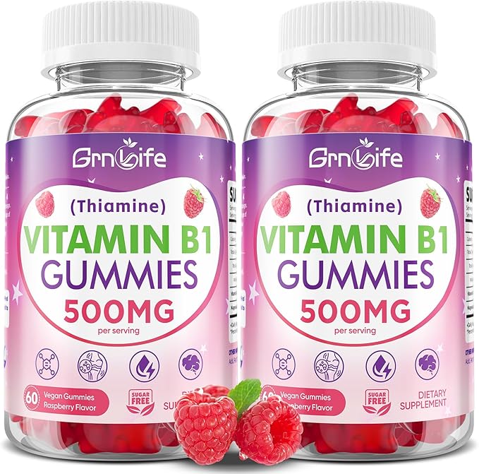 2 Pack Vitamin B1 Gummies 500mg for Adults & Kids – High Potency Thiamine B1 Supplement for Energy & Nervous System Support, Sugar-Free, Raspberry Flavor, 120 Count