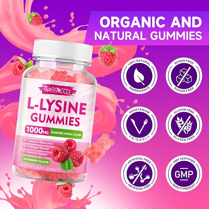 MEENCCD 2 Pack L-Lysine 1000mg Gummies, Lysine Supplement for Adults & Kids, Essential Amino Acid Supplement Supports Collagen Formation, Sugar-Free, Raspberry Flavor, 120 Count