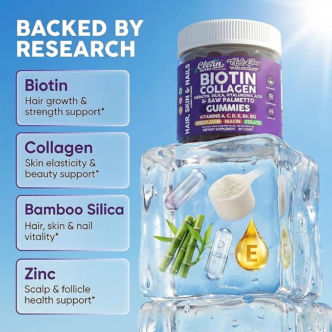 Clean Nutra Biotin Gummies | Collagen, Hyaluronic Acid, Keratin Hair Vitamins Supplement - Hair Growth Support, Skin & Nails - Vitamins C, D, E, B6 & B12 - US Made for Women & Men | 60 Gummy Count