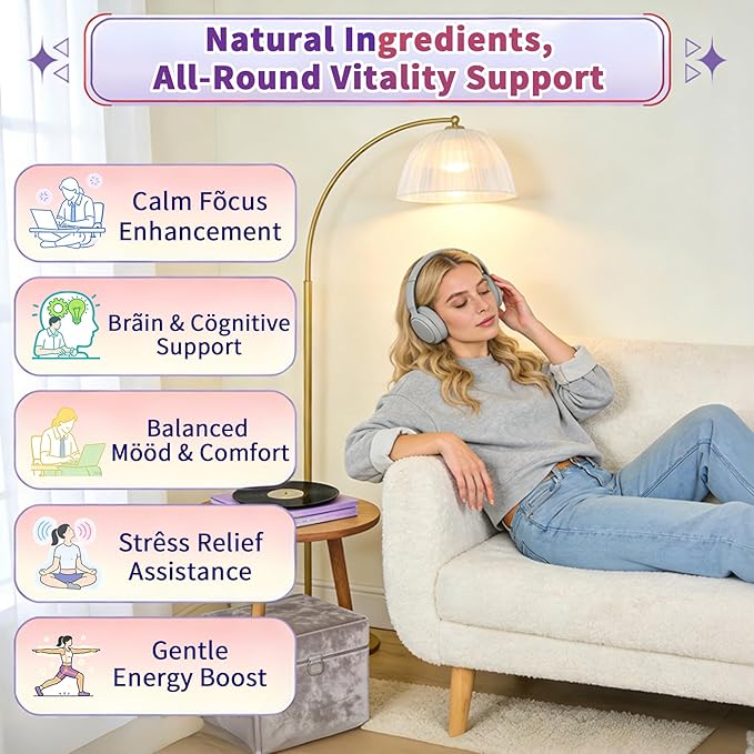 Vegan L-Theanine Gummies 200mg with Caffeine(100mg), Korean Red Ginseng & Ginkgo Biloba- Brain Supplement for Focus, Memory & Energy, Sugar-Free, No Jitters, 120 Counts