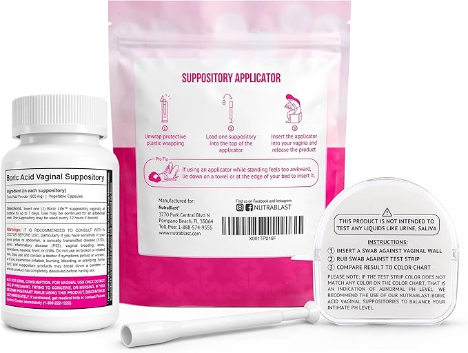 NutraBlast Boric Acid Suppositories 600mg (30 Count) Bundle with Disposable Suppository Applicators (15-Pack) and Feminine pH Test Strips 3.0-5.5 (100 Tests Roll)