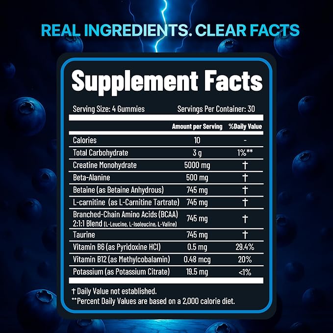 Creatine Monohydrate Gummies 8500mg Complex for Men & Women - Pre Workout Creatine Chews for Muscle Growth, Strength & Energy, Sugar Free, Vegan, Blueberry Flavor - 120 Count