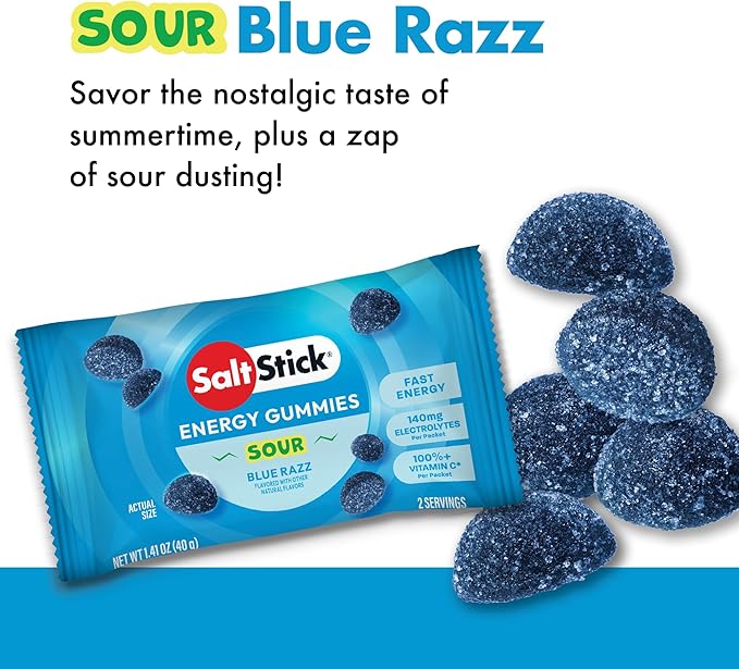 SaltStick Energy Gummies with Electrolytes, Sour Blue Razz, Easy to Chew Electrolyte Gummy, Energy Chews that Taste Great. 10 Packs, 80 Gummies
