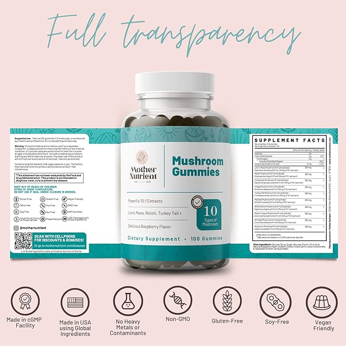 Mother Nutrient Mushroom Supplement Gummies- Pure Extract Multi Mushrooms Supplement- Chaga, Reishi, Cordyceps & Lion's Mane - 50 Day Supply Chewable Gummies (100 pcs)