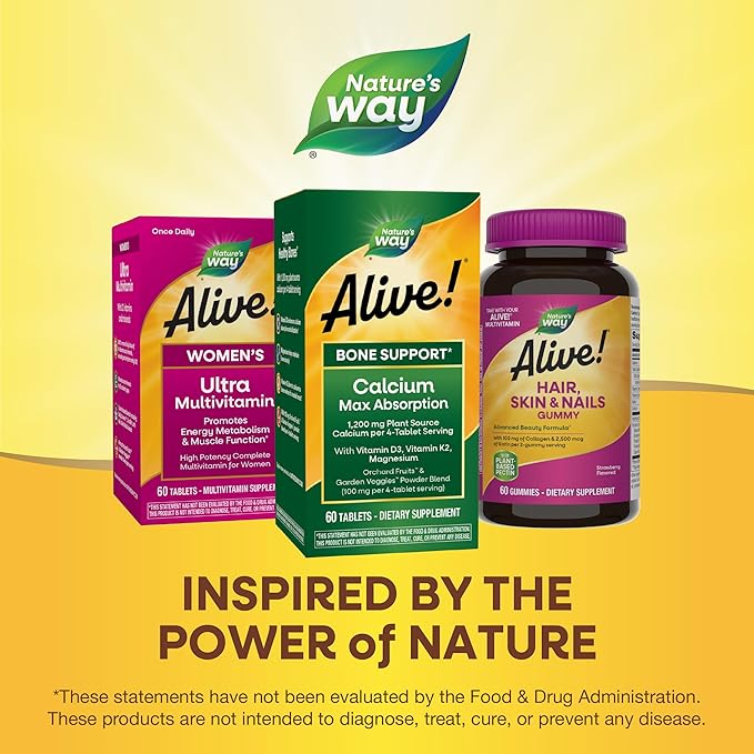 Nature’s Way Alive! Calcium Bone Support Tablets*, Max Absorption Calcium Supplement with Vitamins D3, K2, & Magnesium, Promotes Bone Health and Bone Density*, Gluten Free, 60 Tablets