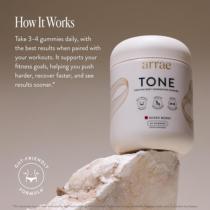 Arrae Tone Gummies – Creatine Monohydrate for Women – Support Lean Muscle, Strength & Recovery – Mixed Berry Flavor – 60 Count