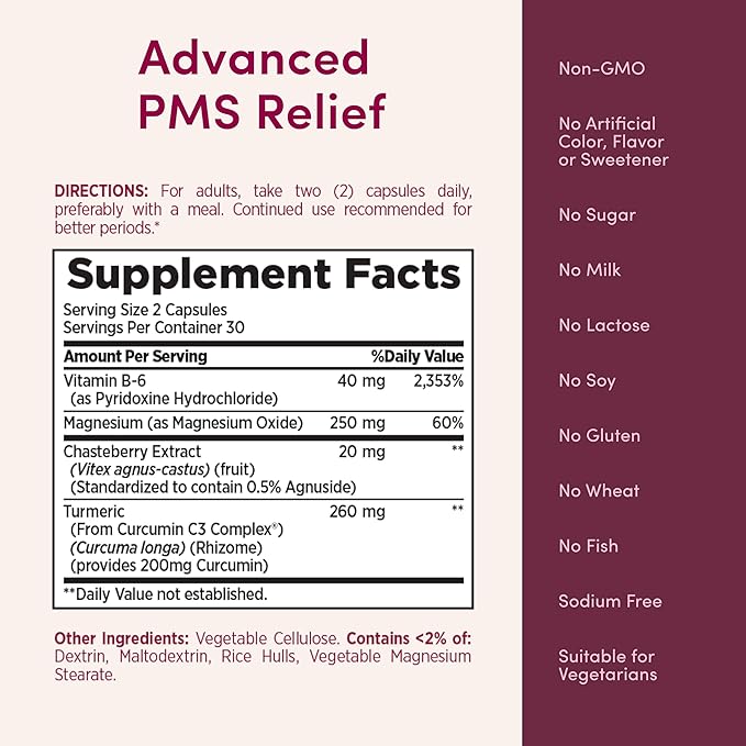 Nature's Bounty Optimal Solutions Advanced PMS Relief for Menstrual Cycle Support, PMS Support Supplement for Women, Bloating Relief – Chasteberry, Hormone-Free, 60 Vegetarian Capsules (Pack of 2)