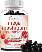 Micro Ingredients Mega Mushroom Gummies | 10-in-1 with Lions Mane, Turkey Tail, Reishi, Cordyceps, Chaga, Maitake, & Ashwagandha | Sugar-Free Raspberry Pomegranate Flavor | Non-GMO | 120 Count