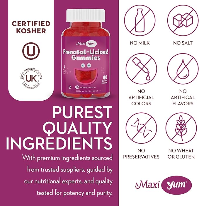 Maxi Health Women's Organic Prenatal Gummies - Kosher Cherry Flavored Pre Natal Gummy - Prenatal Vitamins for Women with Folic Acid and Iron for Fetal Development, 60 Count