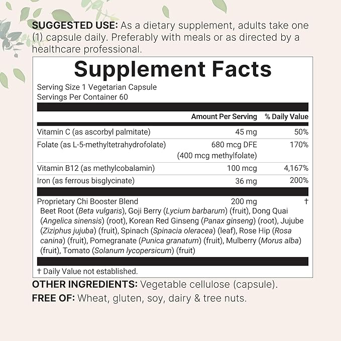 Micro Ingredients Blood Booster+ Iron Supplement, 60 Veggie Capsules | 14-in-1 Iron Bisglycinate with Folate, Vitamins B, C | Gentle Formula Without Side Effects | Red Blood Cell & Anemia Support