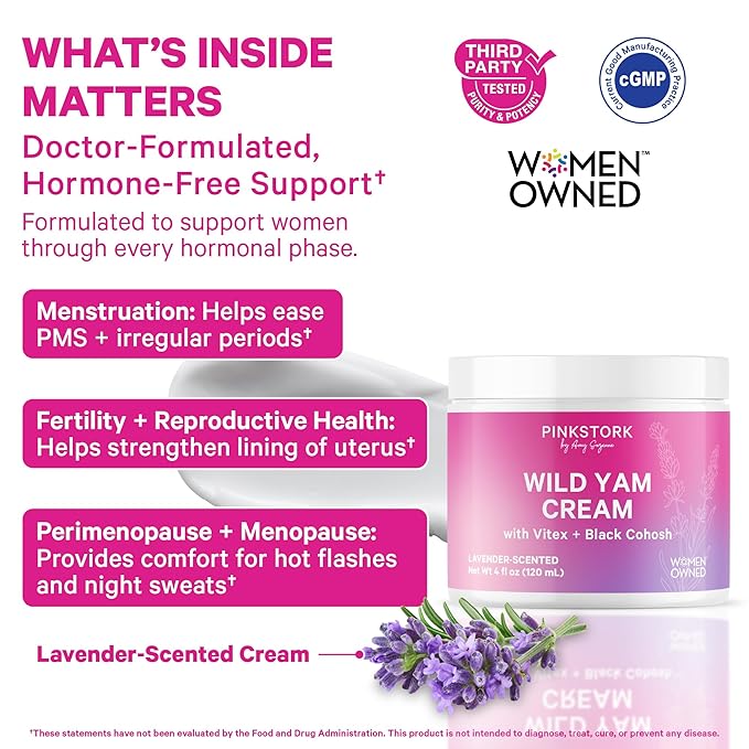 Pink Stork Wild Yam Cream for Hormone Balance with Vitex & Black Cohosh | Doctor-Formulated | PMS, Fertility, Perimenopause, Menopause Support | Lavender Scented, 4 oz, 1 Month Supply