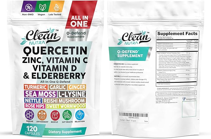 Q Defend Quercetin Supplement with Zinc Vitamin C Vitamin D Elderberry Turmeric Black Pepper Garlic Ginger Sea Moss Lysine Stinging Nettle Reishi Mushroom Immune Support 120 Capsules by Clean Nutra