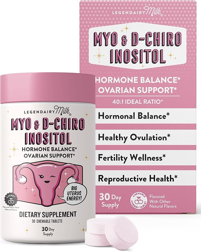 Legendairy Milk Myo-Inositol & D-Chiro Inositol Supplement for Women, 40:1 Ratio, PCOS & Fertility Support, Hormone Balance, Sugar Free Vegan Chewable Tablets, Cherry Flavor, 30 Day Supply