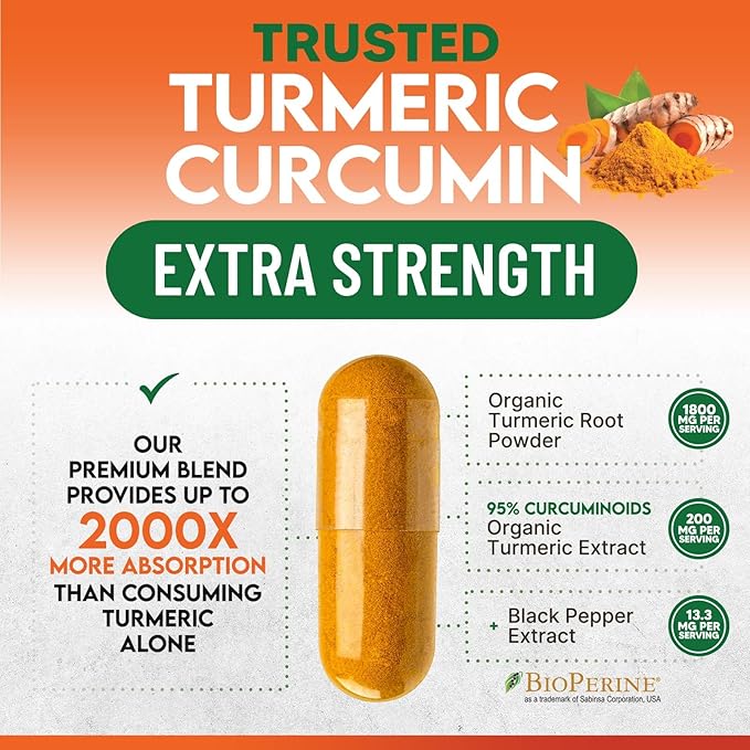 Turmeric Curcumin Supplement - 1800mg Organic Turmeric Per Serving - 95% Curcuminoids & BioPerine Black Pepper Extract for Best Absorption - Natural Vegan Joint Support, Bottled in USA - 120 Capsules
