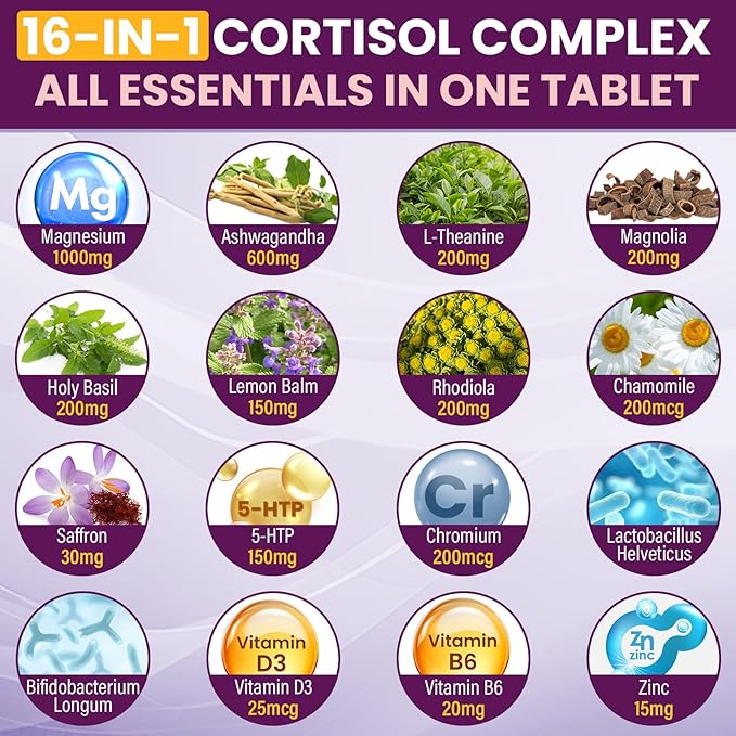 Cortisol Supplements for Women, 16 IN 1 Cortisol Detox for Women, with Magnesium, Ashwagandha, L-Theanine & Probiotics, Cortisol Reducer Manager for Hormone Balance, Mood & Digestion, 90 Tablets
