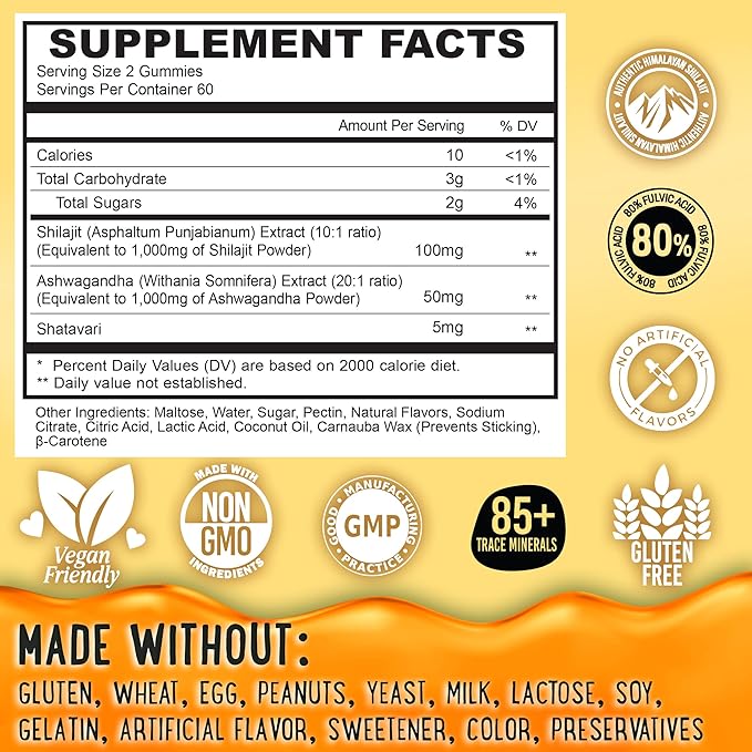 OH MY CHEWY Pure Himalayan Shilajit Gummies - High Potency Gold Grade Resin - Energy Boost and Immune Support for Men and Women with Ashwagandha and Shatavari - 120 Gummy - Peach & Mango