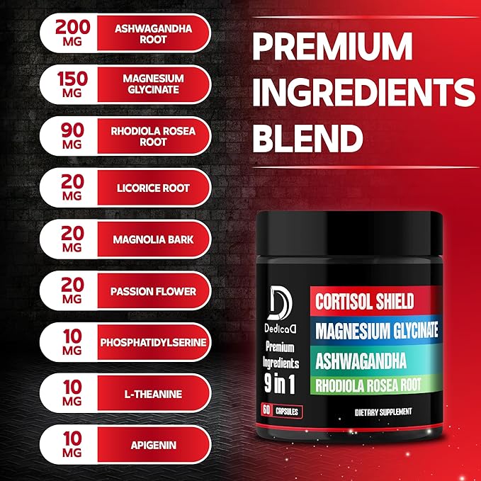9in1 Cortisol Shield - Magnesium Glycinate & Ashwagandha with Rhodiola, Phosphatidylserine, Passion Flower, L-Theanine, Apigenin, Licorice, Magnolia - Rest Well & Mood Balance - 60 Count